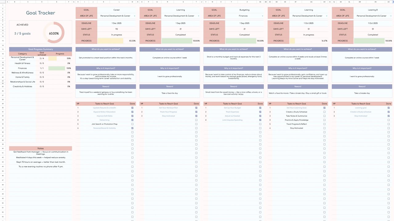 Goal Planner Template Spreadsheet for Google Sheets & Excel