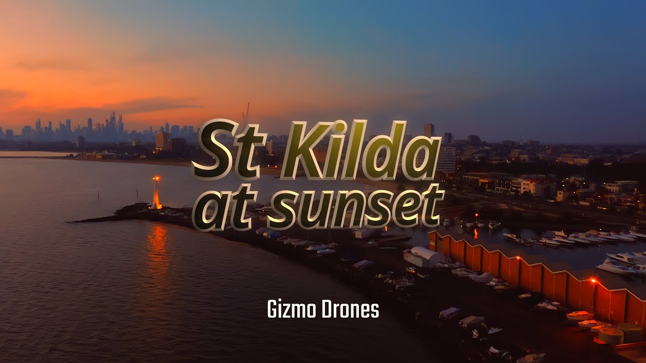 St Kilda and marina lighthouse at last light, Melbourne - DJI Mavic 2 Pro drone footage