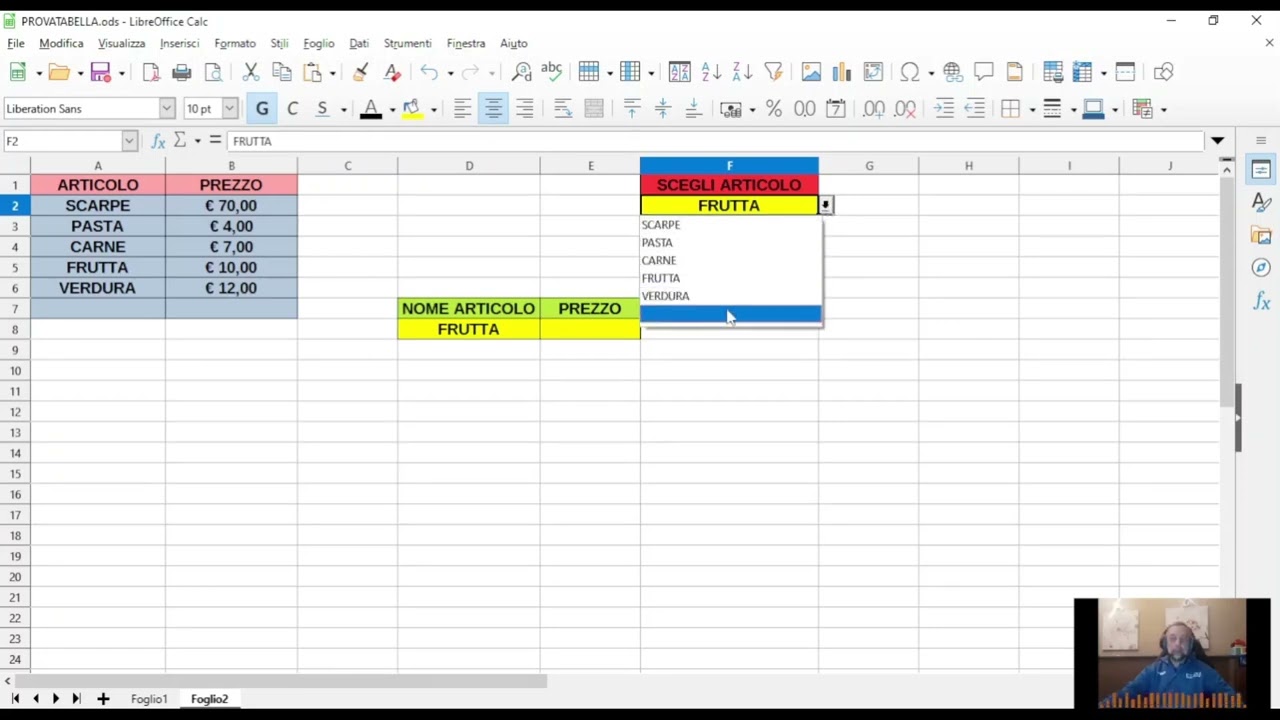 libreoffice calc - menù a tendina