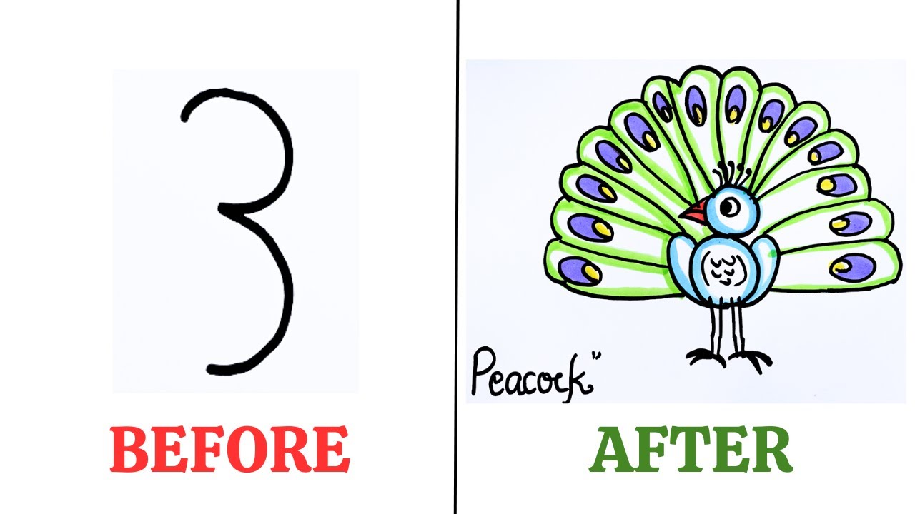Dancing Peacock Easy Drawing With 3 Number | How To draw | Step By Step | Very Easily |