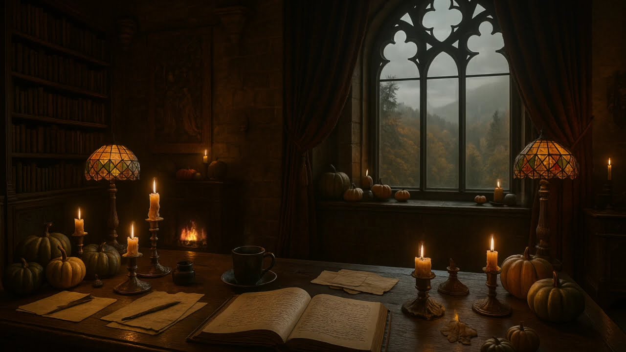 🏰🎹 Dark Academia Autumn Castle Study Ambience | Rainy Fall Gothic Library with Coffee & Candlelight