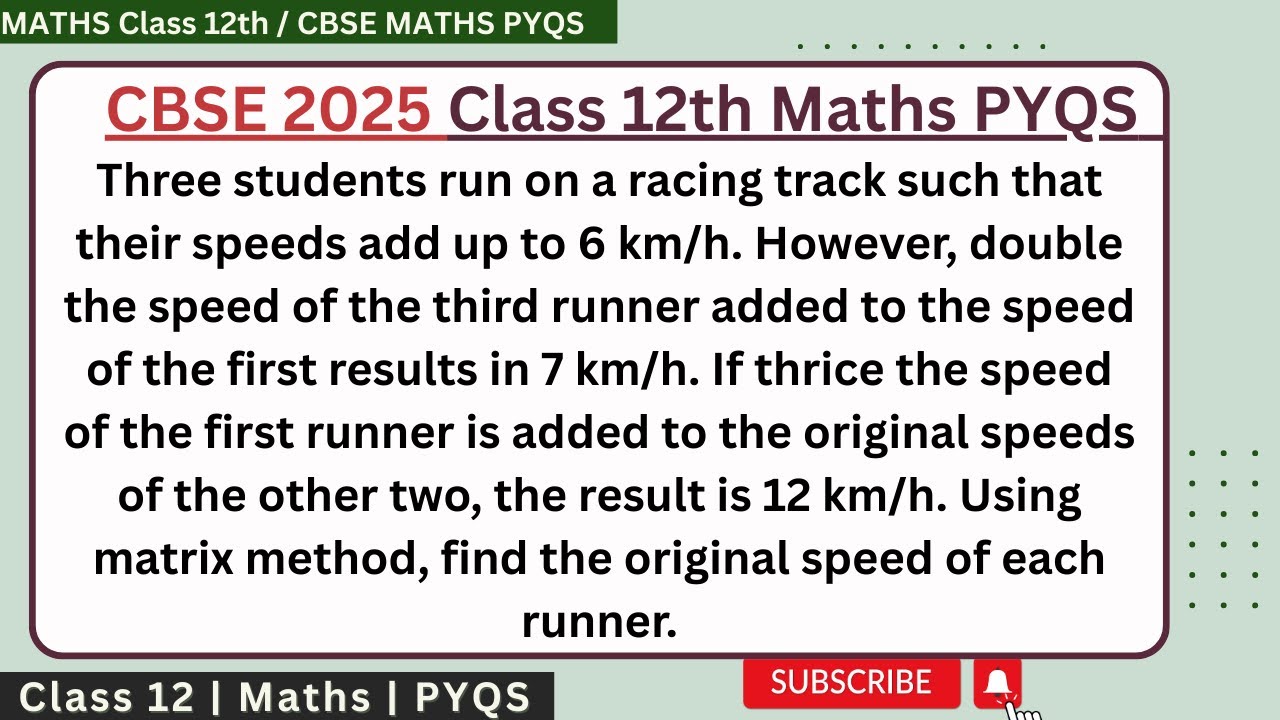 Three students run on a racing track such that their speeds add up to 6 km/h. However, double the