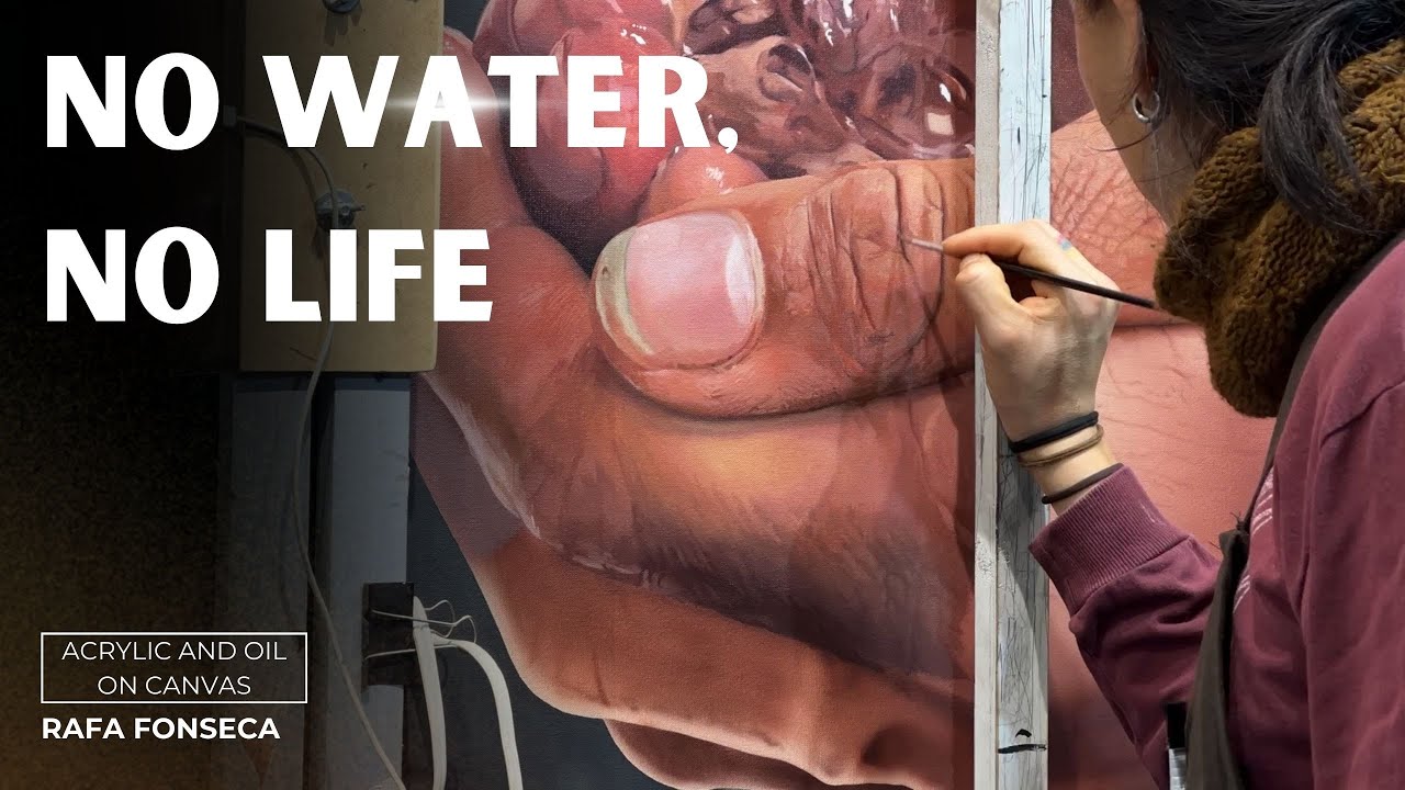 Pintura hiperrealista con oleo y aerografo, manos con agua