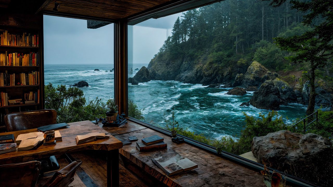 Oceanfront Forest Workspace Ambience | Deep Ocean Waves , Rain for Focus, Study & Calm Productivity