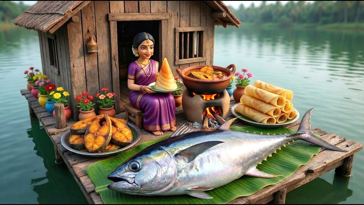 Miniature Doll BIG TUNA FISH Cooking ASMR | Floating House Indian Village Tiny Kitchen Story