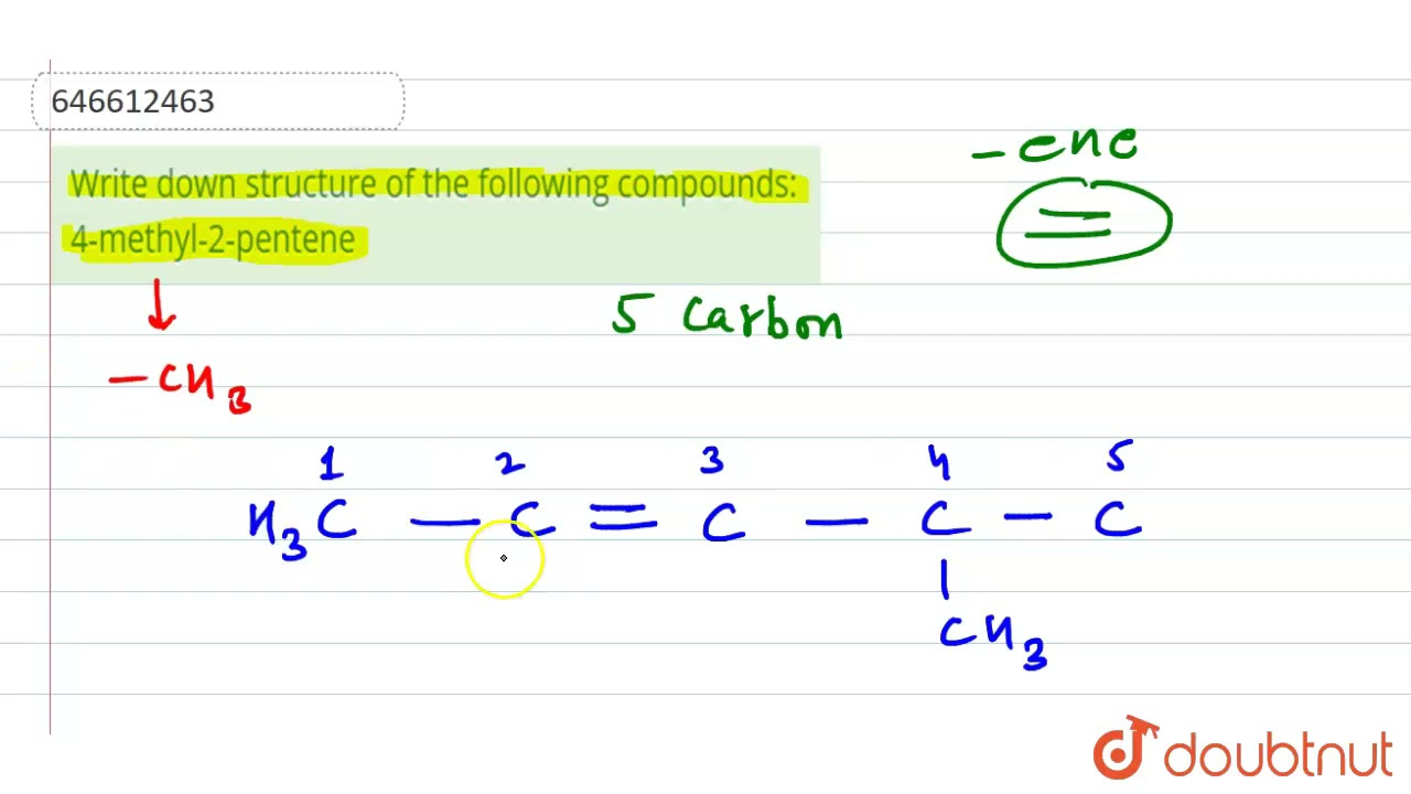 Write down structure of the following compounds: 4-methyl-2-pentene | 12 | NOMENCLATURE  | CHEMI...