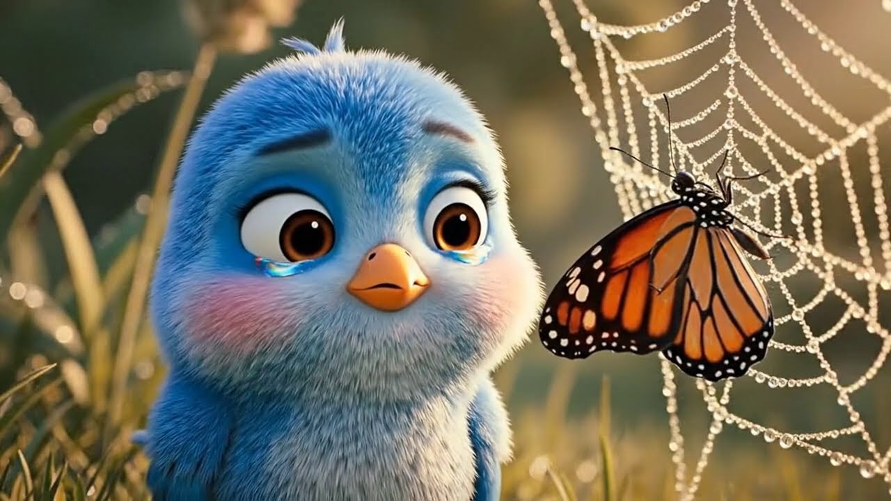 The Tiny Blue Bird Saves a Butterfly Trapped in a Spider’s Web