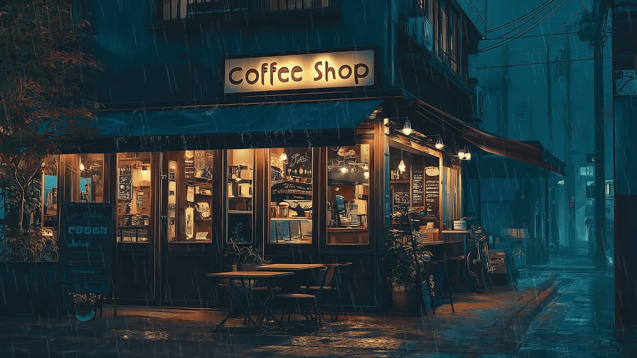 Coffee Shop Lights Reflecting on Wet Streets 🌧️ Nostalgic Lofi for Night Focus