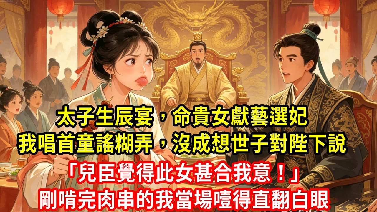 太子生辰宴，命貴女獻藝選妃。我唱首童謠糊弄，沒成想世子對陛下說「兒臣覺得此女甚合我意！」剛啃完肉串的我當場噎得直翻白眼#生活經驗#情感故事#養老#睡前故事