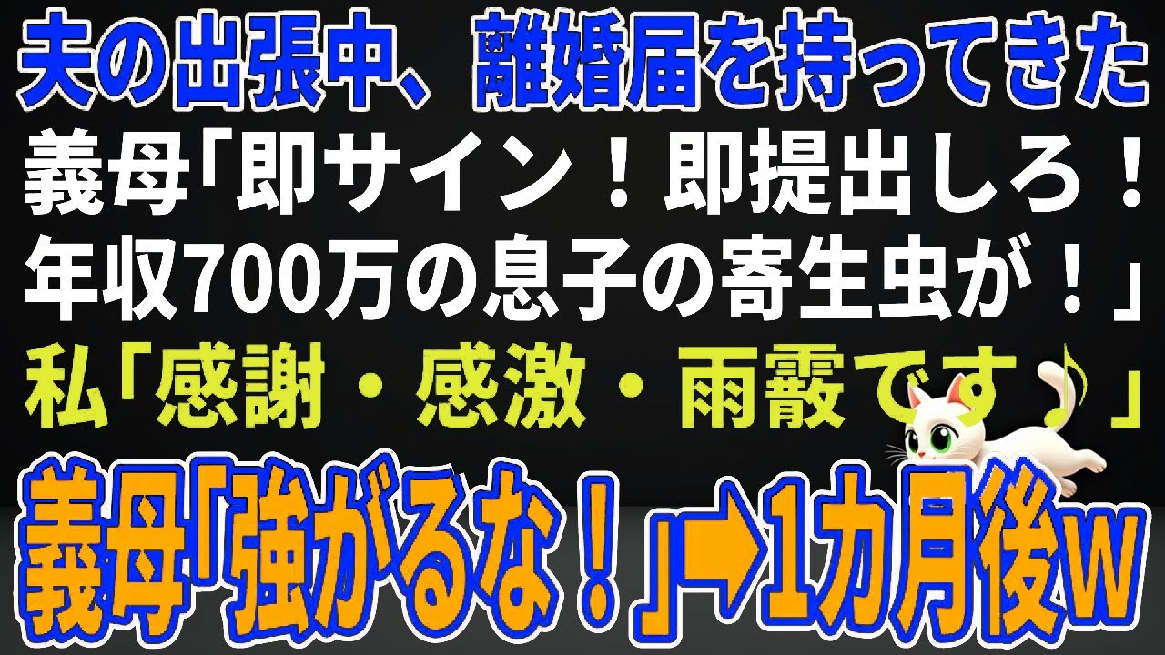 【スカッと★総集編】夫の出張中、離婚届を持ってきた義母「即サイン！即提出しろ！年収700万の息子の寄生虫が！」私「感謝・感激・雨霰です♪」義母「強がるなｗ」→1カ月後、義母が半狂乱にｗ【朗読】