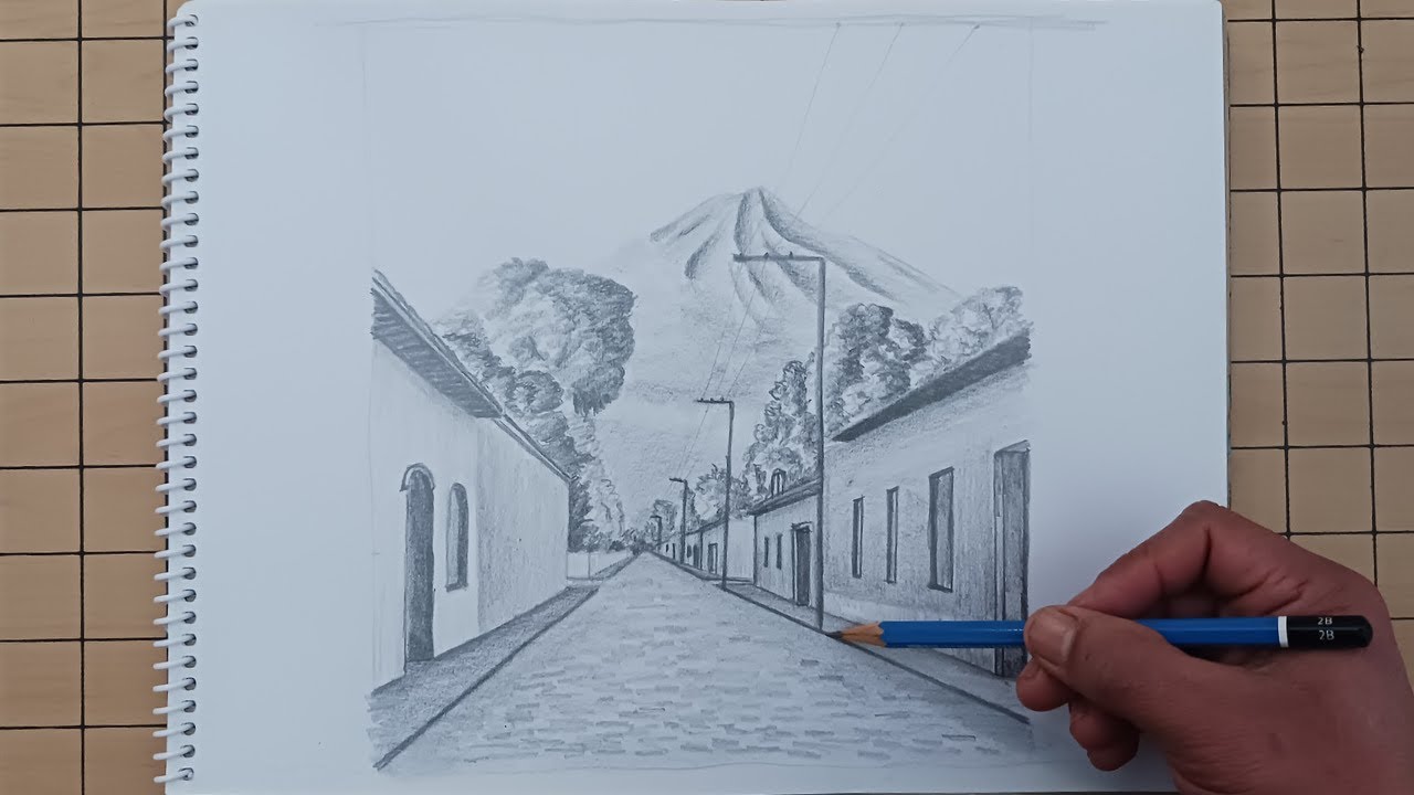 Dibujando Perspectiva 1 PUNTO de Fuga de un Paisaje Urbano (Antigua Guatemala)