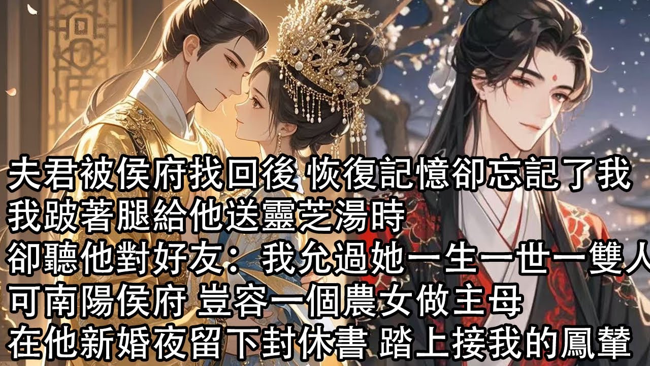 【一口氣看完】夫君被侯府找回後 恢復記憶卻忘記了我，我跛著腿給他送靈芝湯時，卻聽他對好友：我允過她一生一世一雙人，可南陽侯府 豈容一個農女做主母，在他新婚夜留下封休書 踏上接我的鳳輦