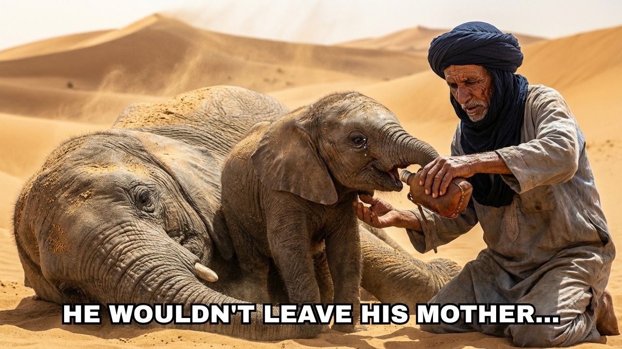 In 54°C Desert Heat, Baby Elephant Refused to Leave Dying Mother… Until Old Nomad Did the Unexpected