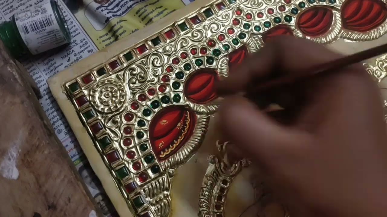 Red and green curtains - classic style - tanjore painting