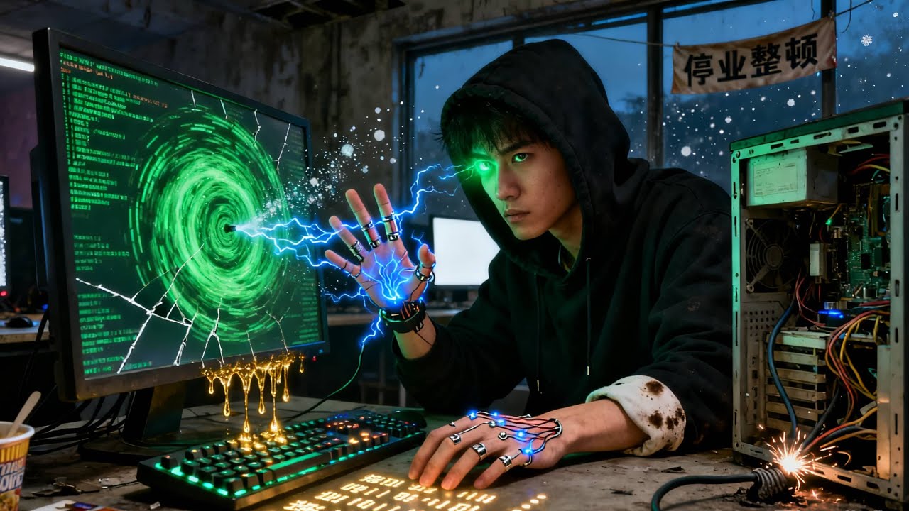 El hacker e sudadera parece humilde,¡pero sorprendentemente manipula la realidad con rayos y código!