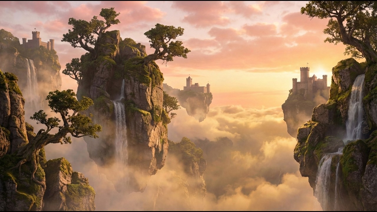 Floating Islands Fantasy Ambience ☁️🏰 | Waterfalls & Soft Wind 4K | 2 Hours of Calm