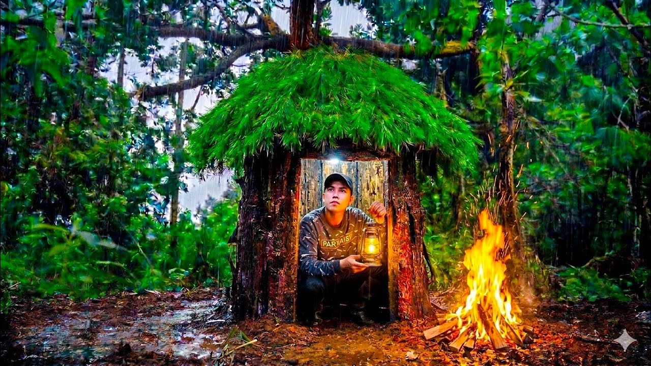 Building a Cozy Log Shelter from Scratch | Solo Bushcraft Survival in heavy rain