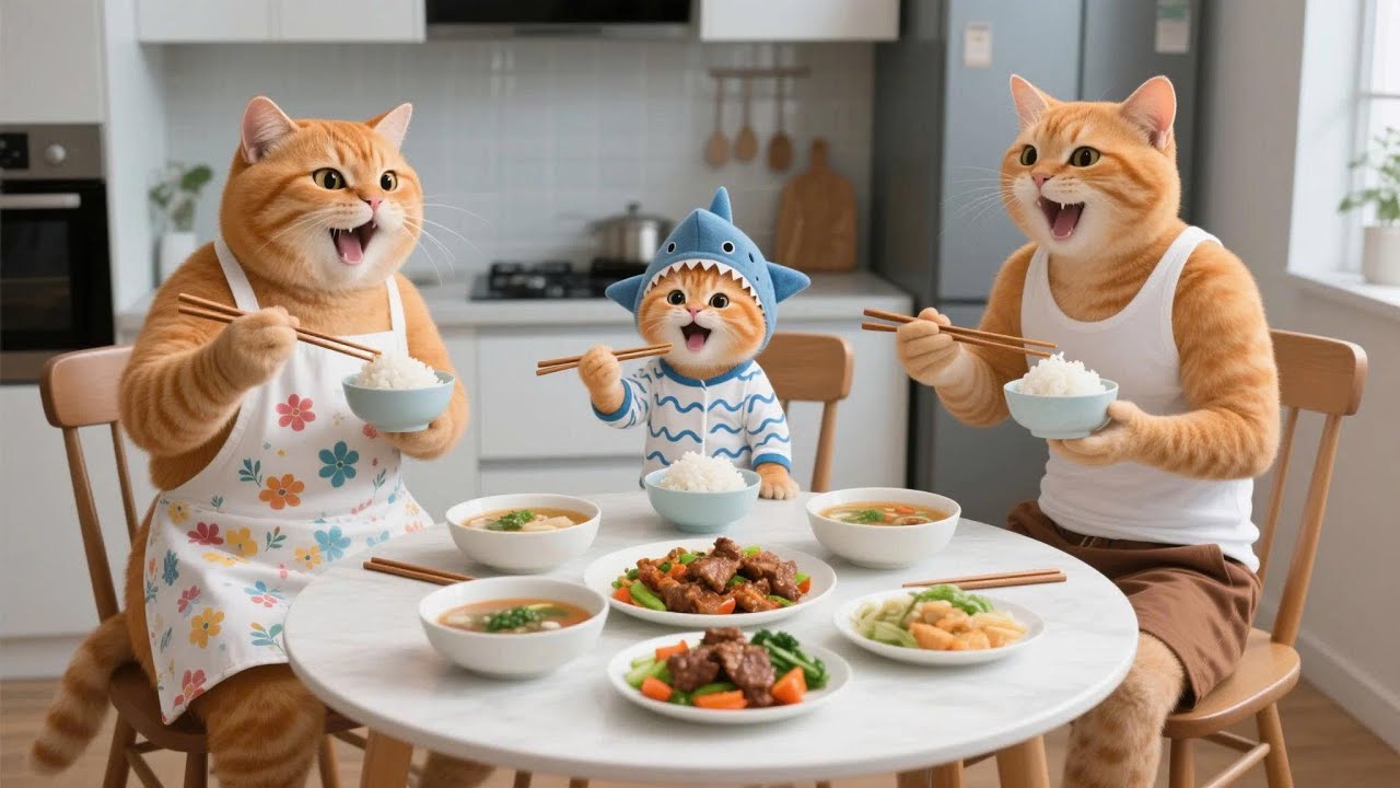 Ginger Kitten Prepares Food As Mama Cat And Dad Cat Work Hard 🐾🍽️🐱
