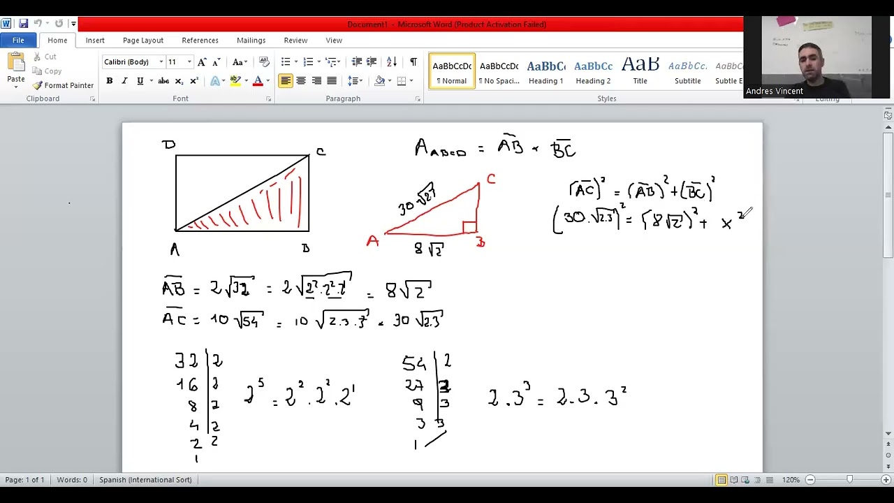 Cálculo del área de un rectángulo. Sabiendo la diagonal. Radicales