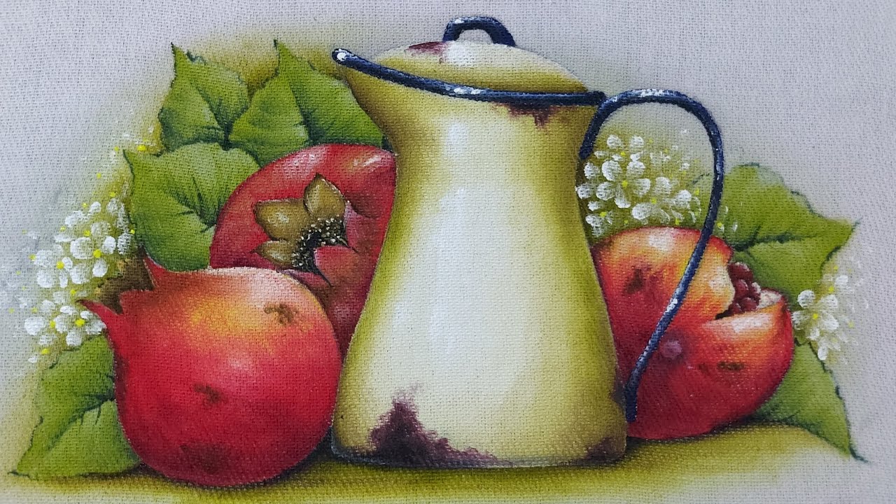 Pintura de bule com romã
