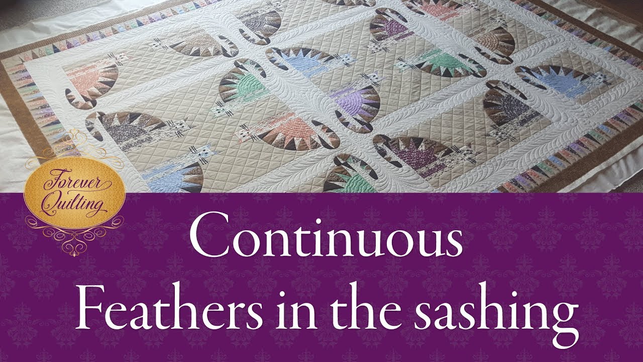 Learn how to continuously quilt feathers in the sashing of the Sawtooth Cat quilt