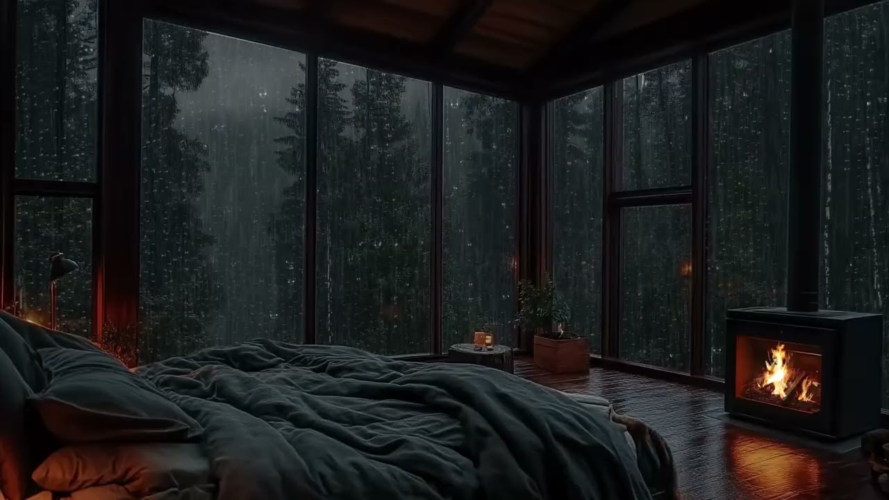 Relaxing Heavy Rain Sounds and Fireplace in a Forest Room for Deep Sleep and Meditation