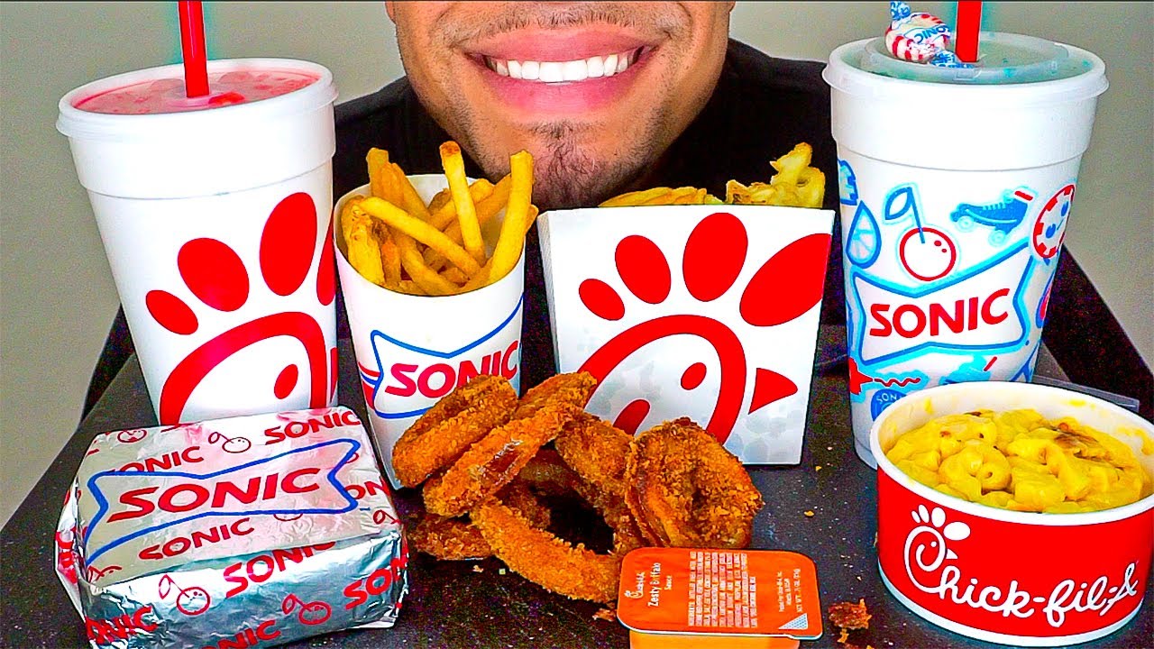 ASMR SONIC VS CHICK-FIL-A MUKBANG EATING MOUTH SOUNDS NO TALKING MAC&CHEESE FRIES ONIONRINGS SLUSHIE