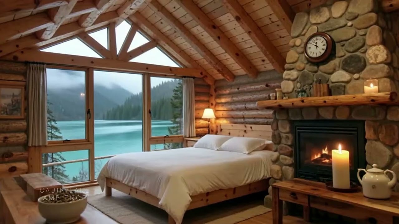 Cabin Lake Ambience #09 | 8H Cozy Lakeside Cabin Bedroom & Fireplace | Deep Sleep 4K | by Lengau Lee