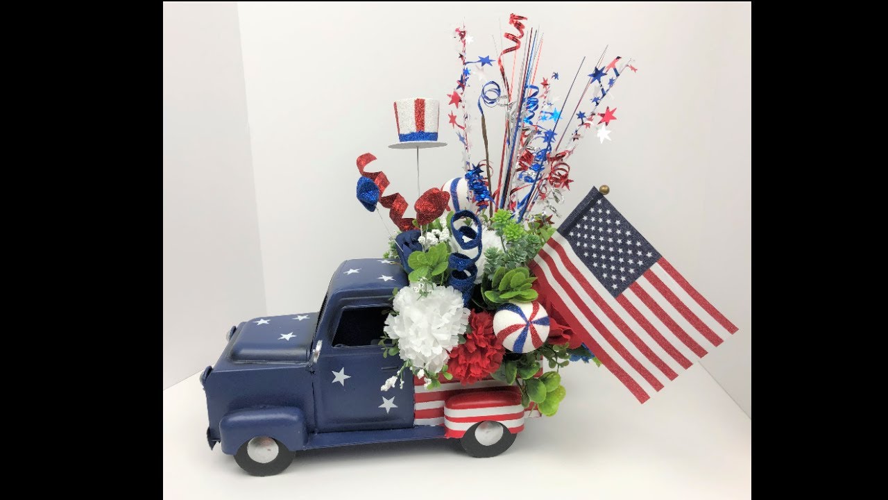 How to make a Patriotic Truck Floral Arrangement with Wreath Decor by Dawn