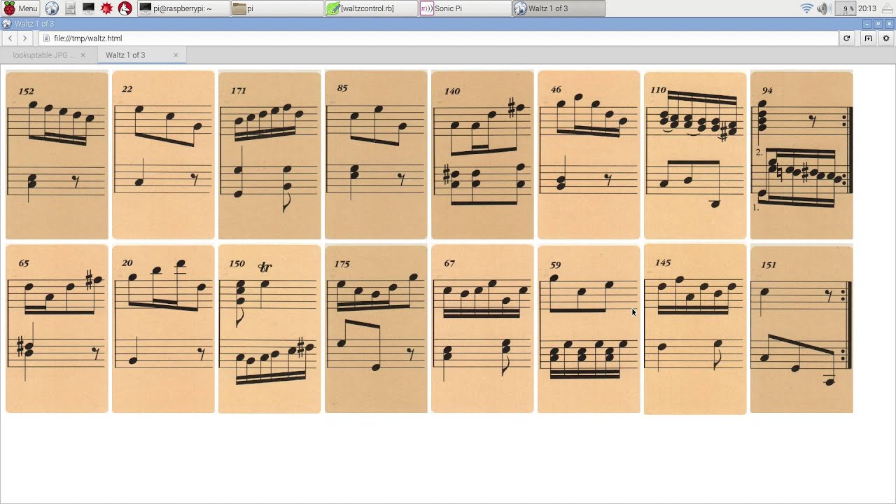 Sonic Pi plays Mozart Dice Minuets with printed music too!