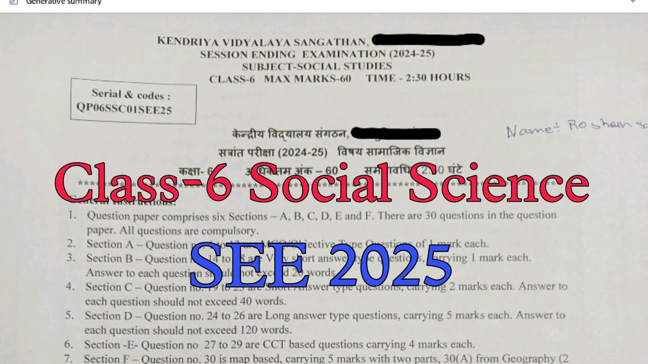(PAPER-2) Class-6 Social Science (SST)/ Annual Exam Question Paper / Session 2024-25 / SEE 2025
