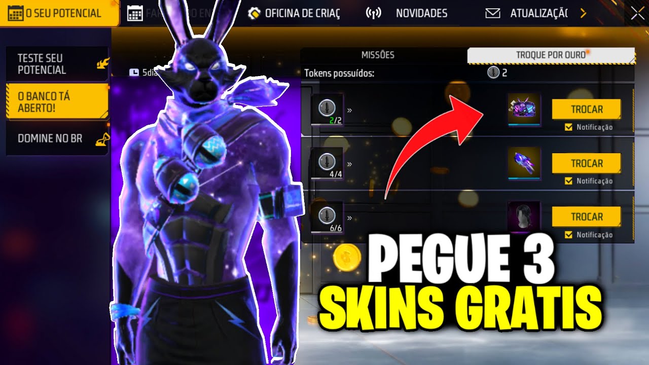 URGENTE! PEGUE 3 SKINS GRÁTIS POR OURO! PUNHO, ITENS GRÁTIS E MAIS NO FREE FIRE