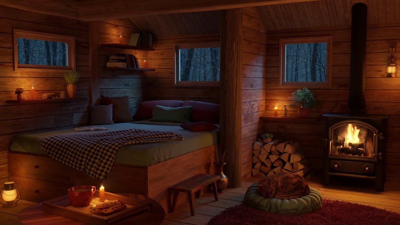 Deep Sleep in a Cozy Ambience - a Cozy Winter Hut with the Sounds of a Fireplace and a Blizzard