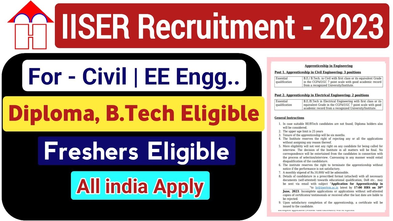 IISER Recruitment 2023 || Civil Electrical Engineers | Diploma, B.Tech | Freshers @diplomaholders