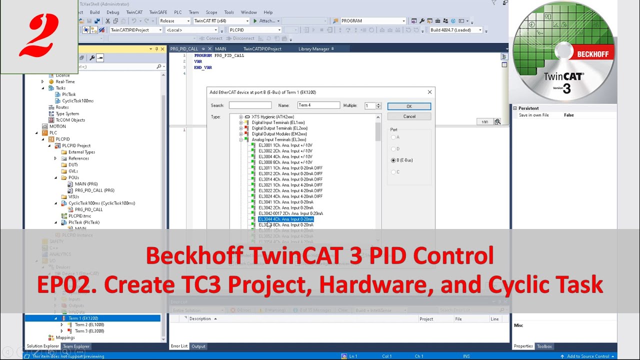 PID22 - Beckhoff TC3 PID02 - Create TwinCAT Project, Hardware Configuration, and Cyclic Task Setting