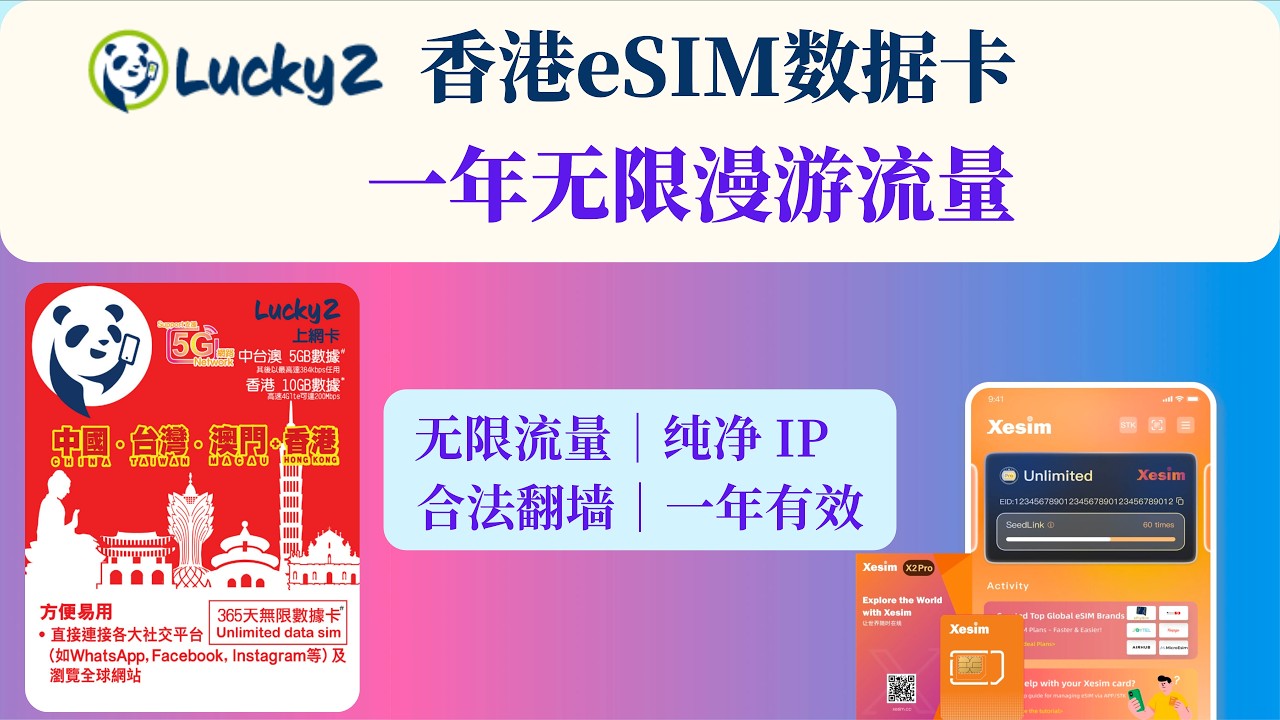 香港eSIM数据流量卡｜中国大陆无限漫游流量｜一年只要60元人民币｜纯净香港IP ｜ 365天无限流量