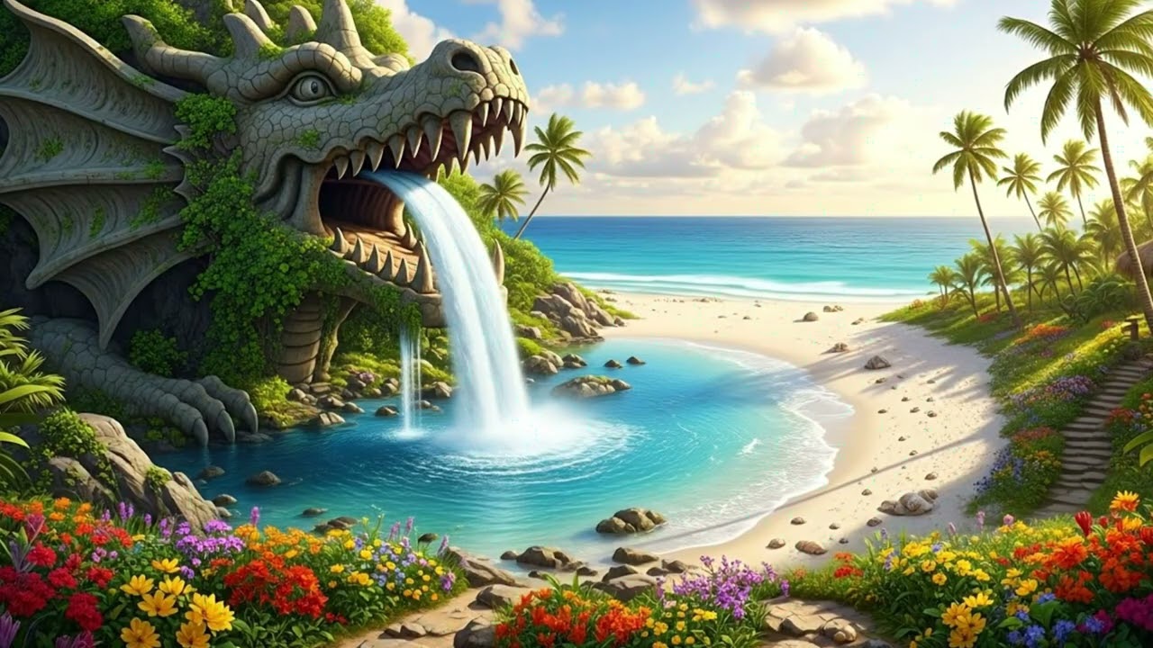 Majestic Waterfall from the Stone Dragon&rsquo;s Mouth | Relax & Sleep Music with Nature & Beach