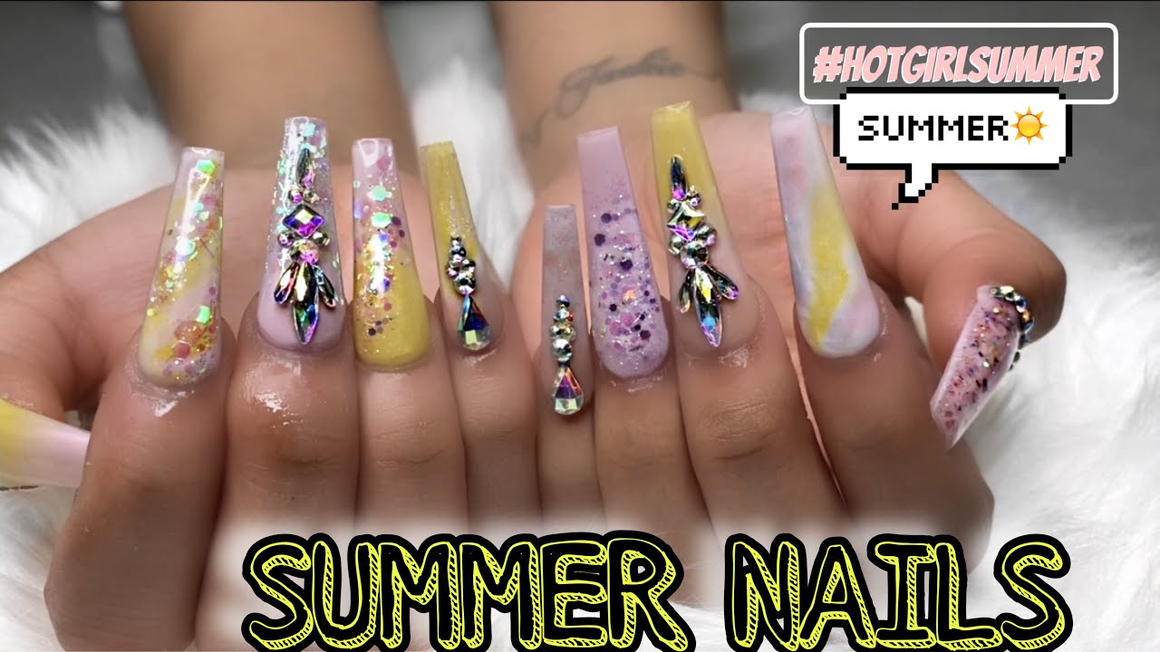 WATCH ME WORK: SUMMERTIME INSPO | MARBLE GLITTER FREESTYLE| ACRYLIC NAIL TUTORIAL