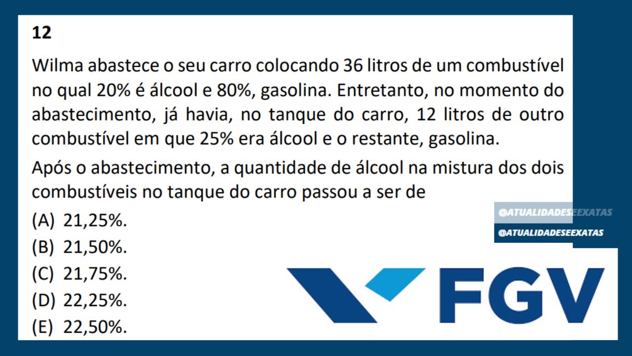 FGV - PROPORCIONALIDADE - PORCENTAGEM - Wilma abastece o seu carro colocando 36 litros