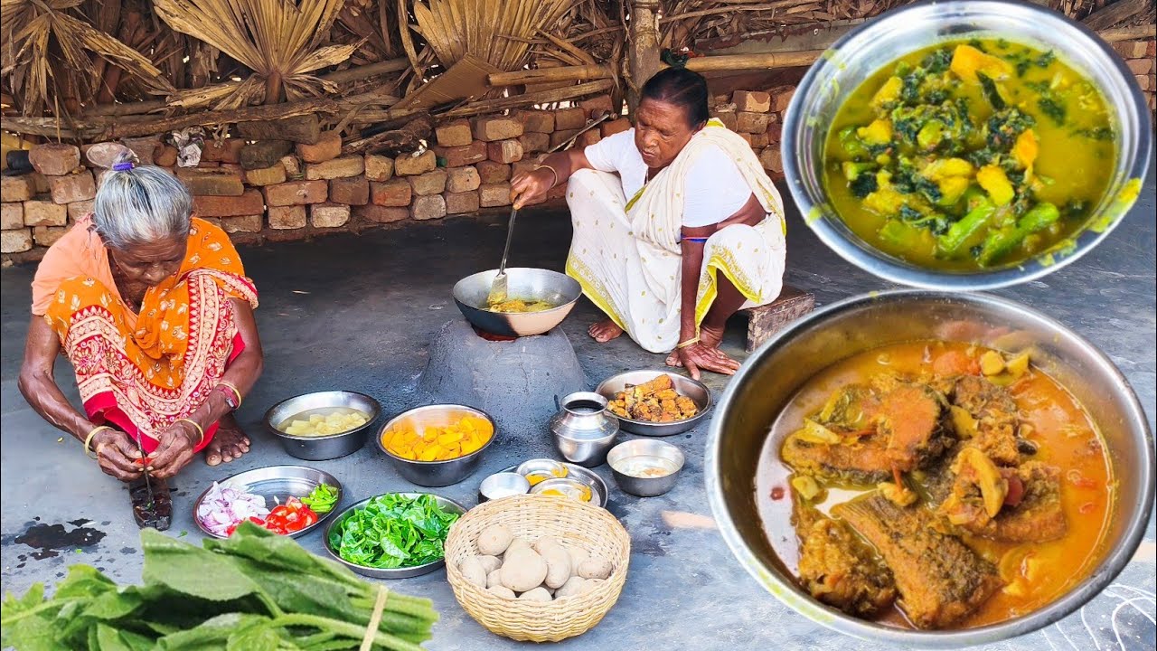 FISH CURRY And VEGETABLE CURRY cooking &eating by tribe village grandmother. 