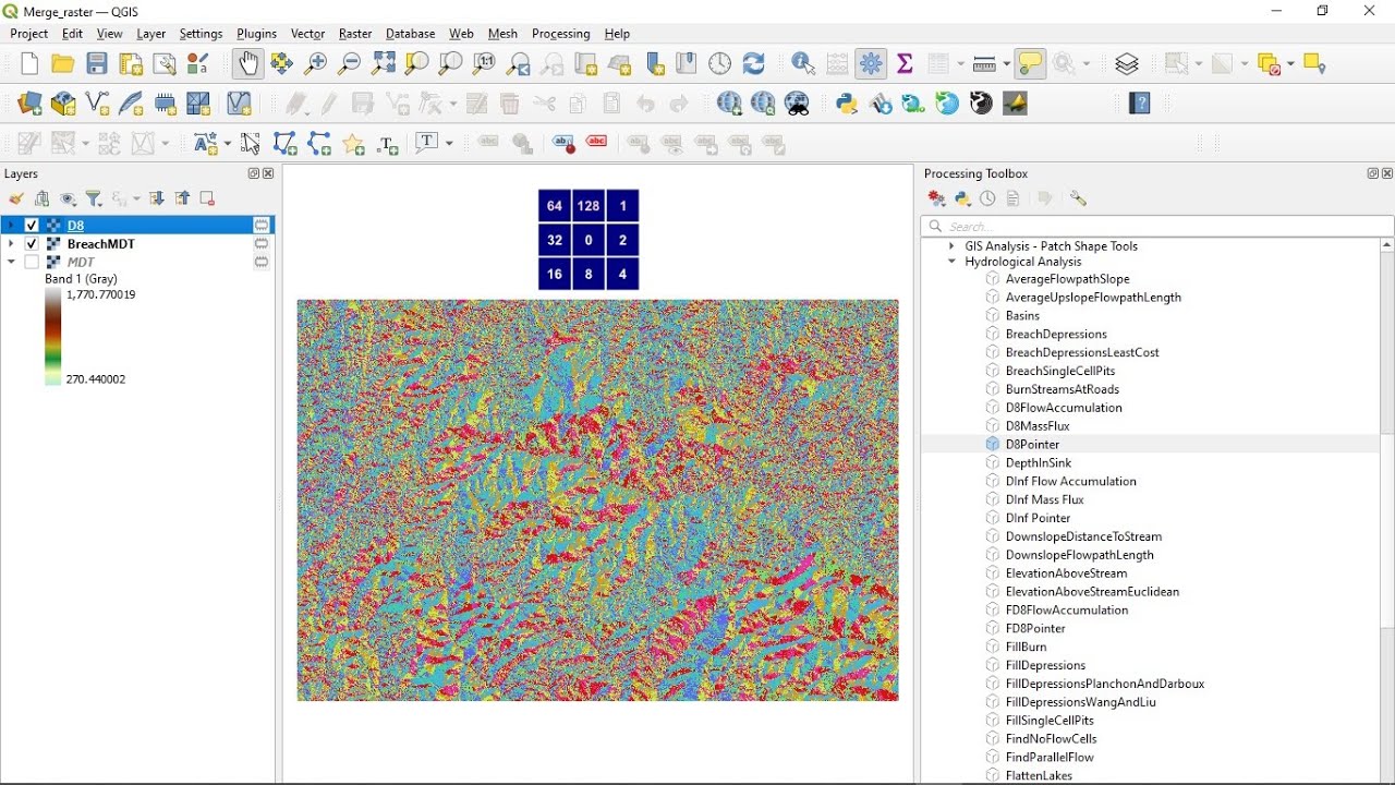 Definindo direções de escoamento de MDT com D8Pointer Whitebox no QGIS