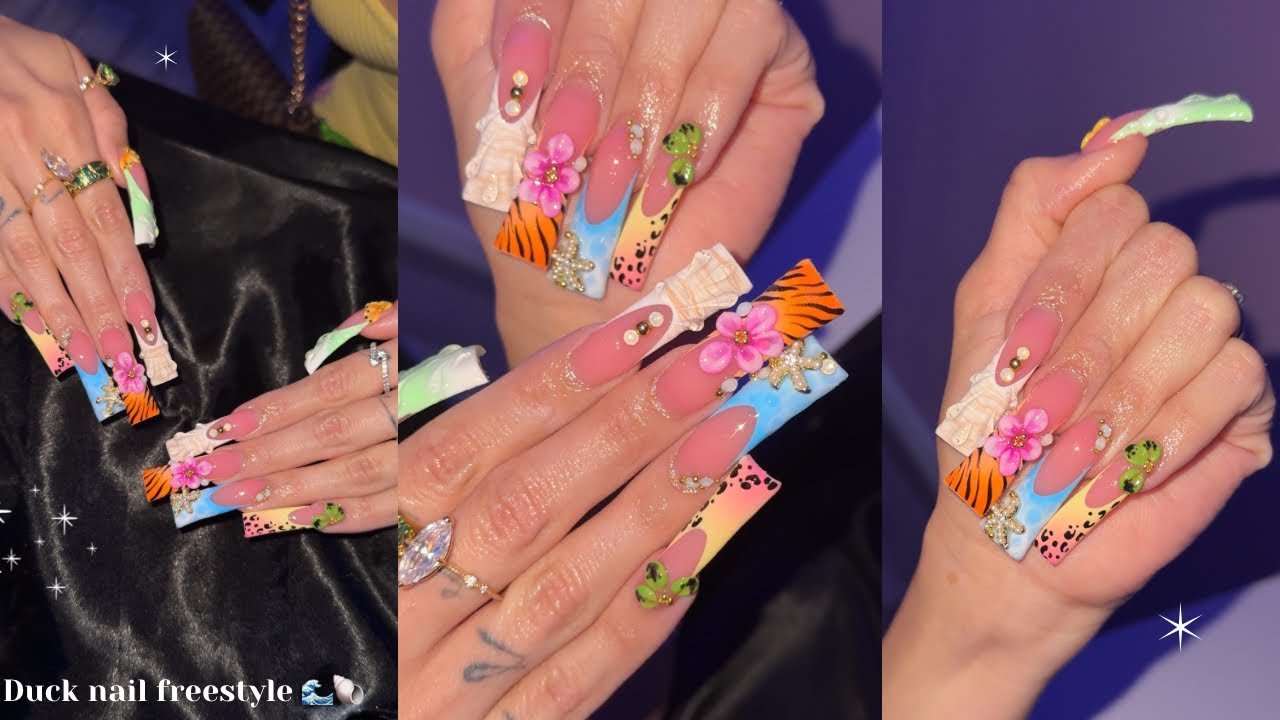 XL VACATION DUCK NAILS 🐚🩷 | How to shape duck nails | Acrylic application + detailed nail art 🩷