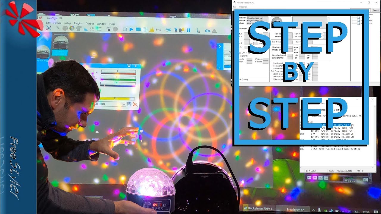 Tutorial Install Interface usb dmx 512 uDMX, FreeStyler DMX setting, LED RGB Crystal Magic Ball