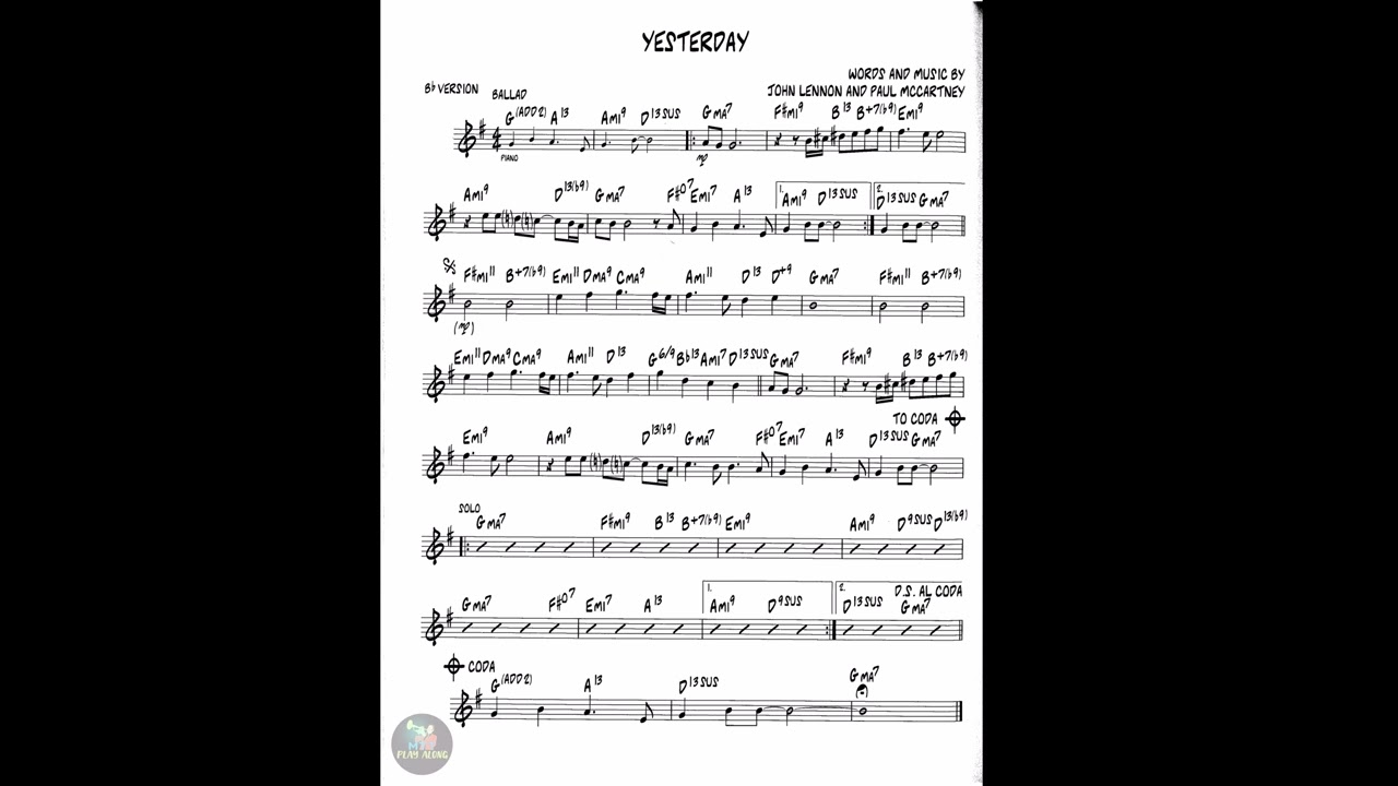 Yesterday Trumpet PlayAlong | Bb Instrument: Tenor Saxophone, Clarinet