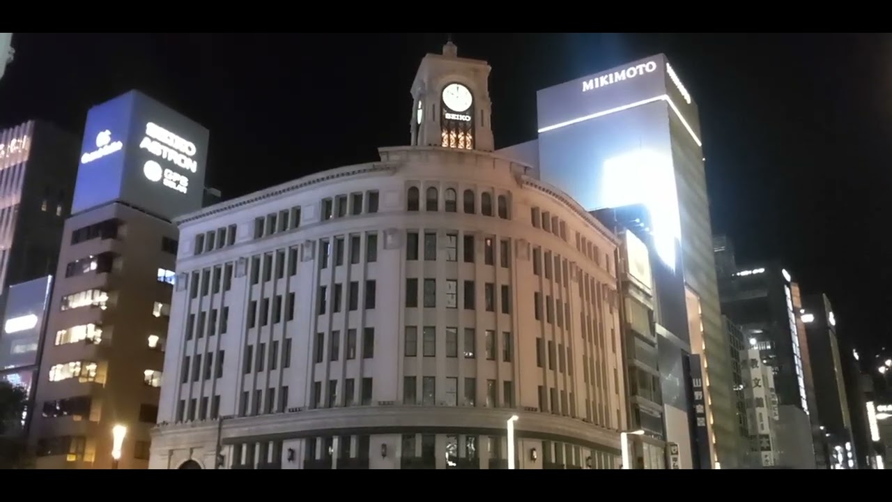 銀座の鐘　和光時計塔チャイム夜10時報　セイコーハウス　Seiko Clock ringing on Wako Building, Ginza, Tokyo　東京都中央区・銀座四丁目交差点