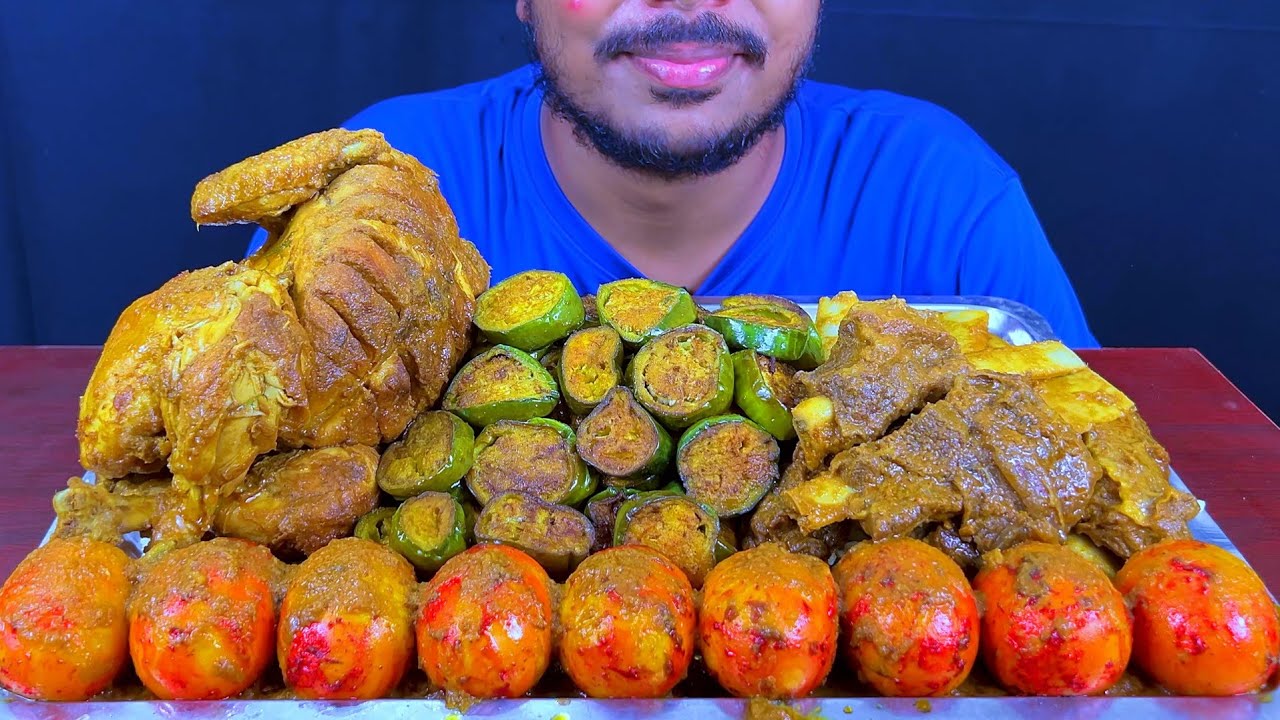 Eating Spicy Whole Chicken,Beef Chaap,Egg,Soft Brinjal Fry With Rice || Real Asmr Mukbong Show 