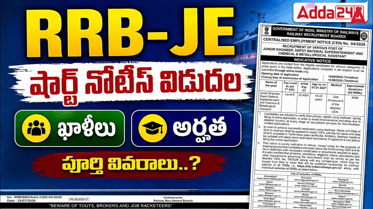 RRB JE 2026 Notification in Telugu | Short Notice OUT 📢| RRB JE Qualification, Age, Vacancy Details
