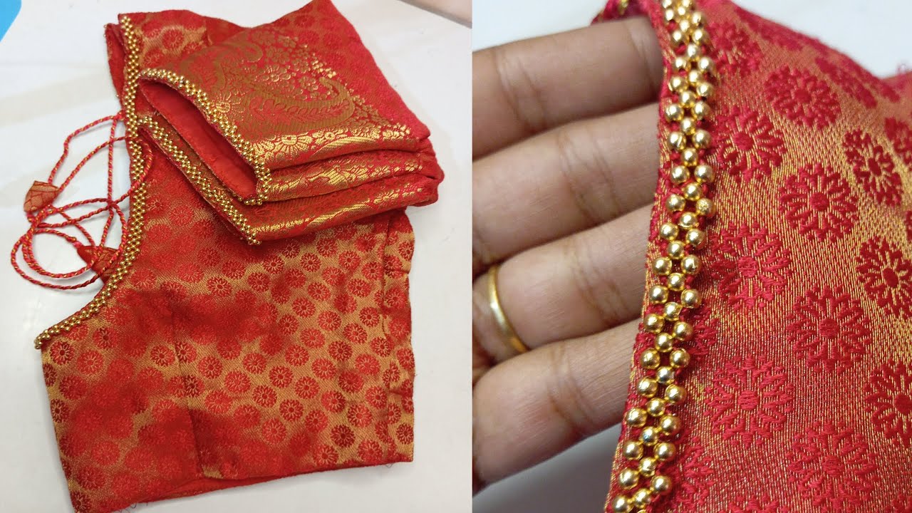 Simple bead work on stitched blouse in tamil for beginners /simple design using normal needle part 3