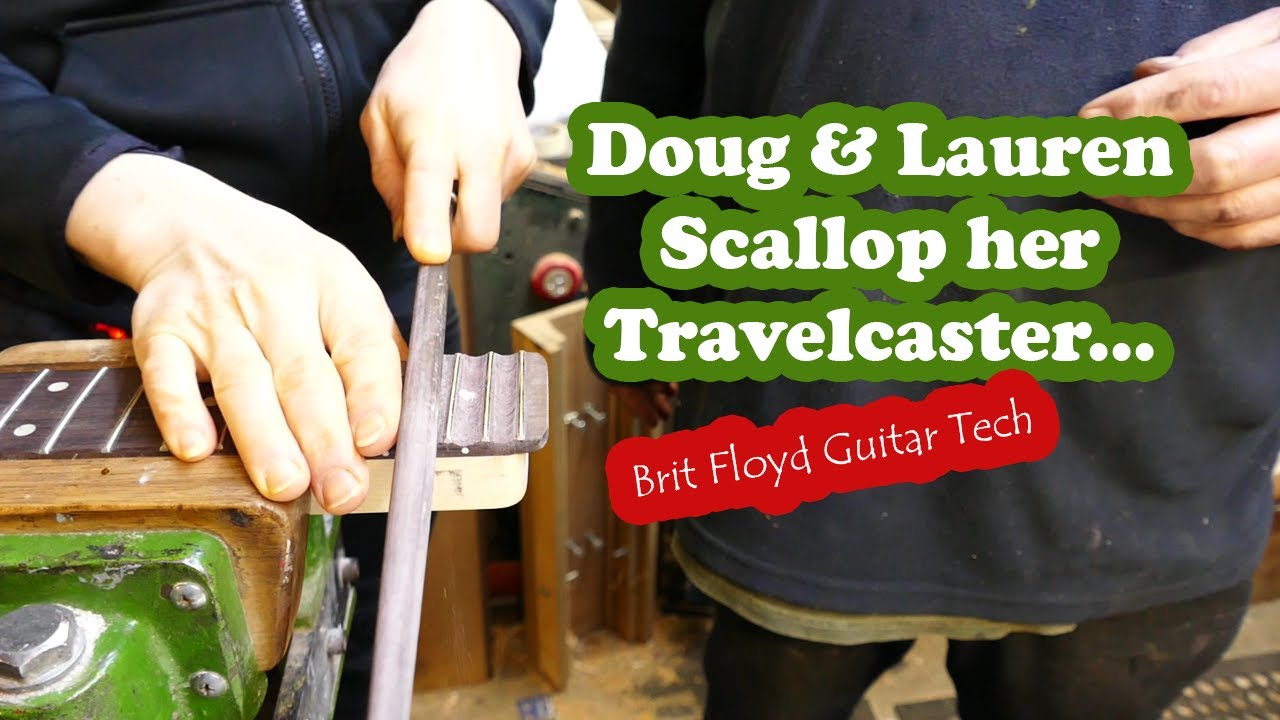 Doug & Brit Floyd Tech Lauren Scallop her Travel Guitar - Doug Wilkes Workshop