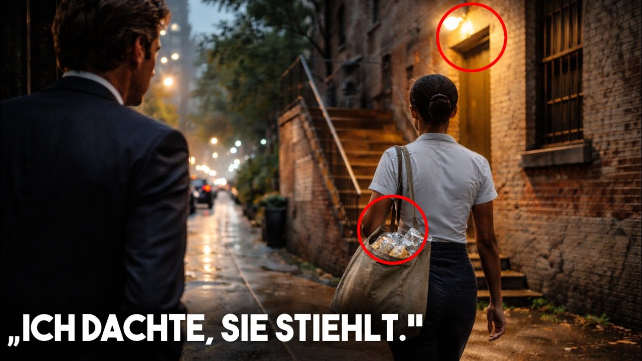 Millionär folgt armer schwarzer Kellnerin, die Essensreste aus dem Restaurant mitnimmt**